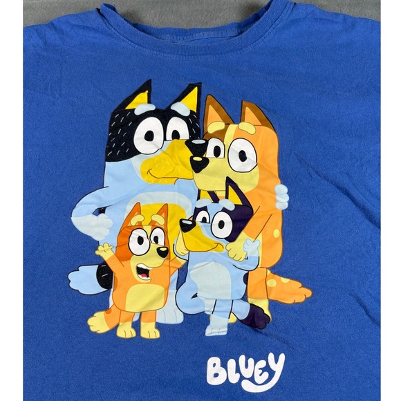 Bluey Tops - Bluey Heeler Family Graphic T-Shirt Blue Cotton Crewneck Size Large Mad Engine